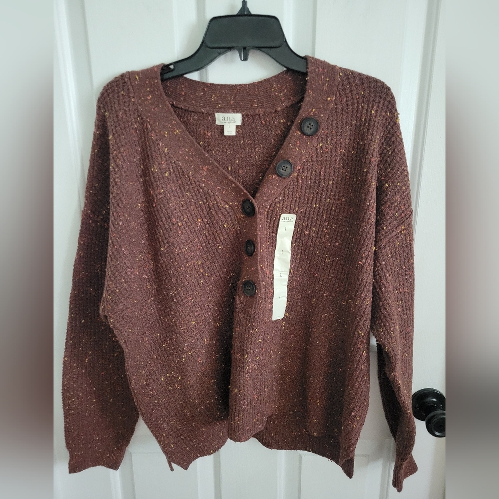 a.n.a Women’s Button Front Knit V-neck Sweater Brown Speckled Size Large NEW